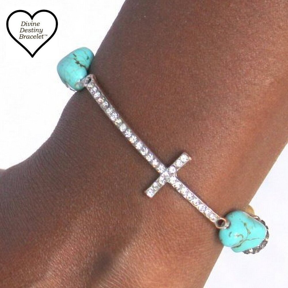 Its Your Divine Destiny Prayer Silver Plated Crystal Cross Stretch Bead Bracelet